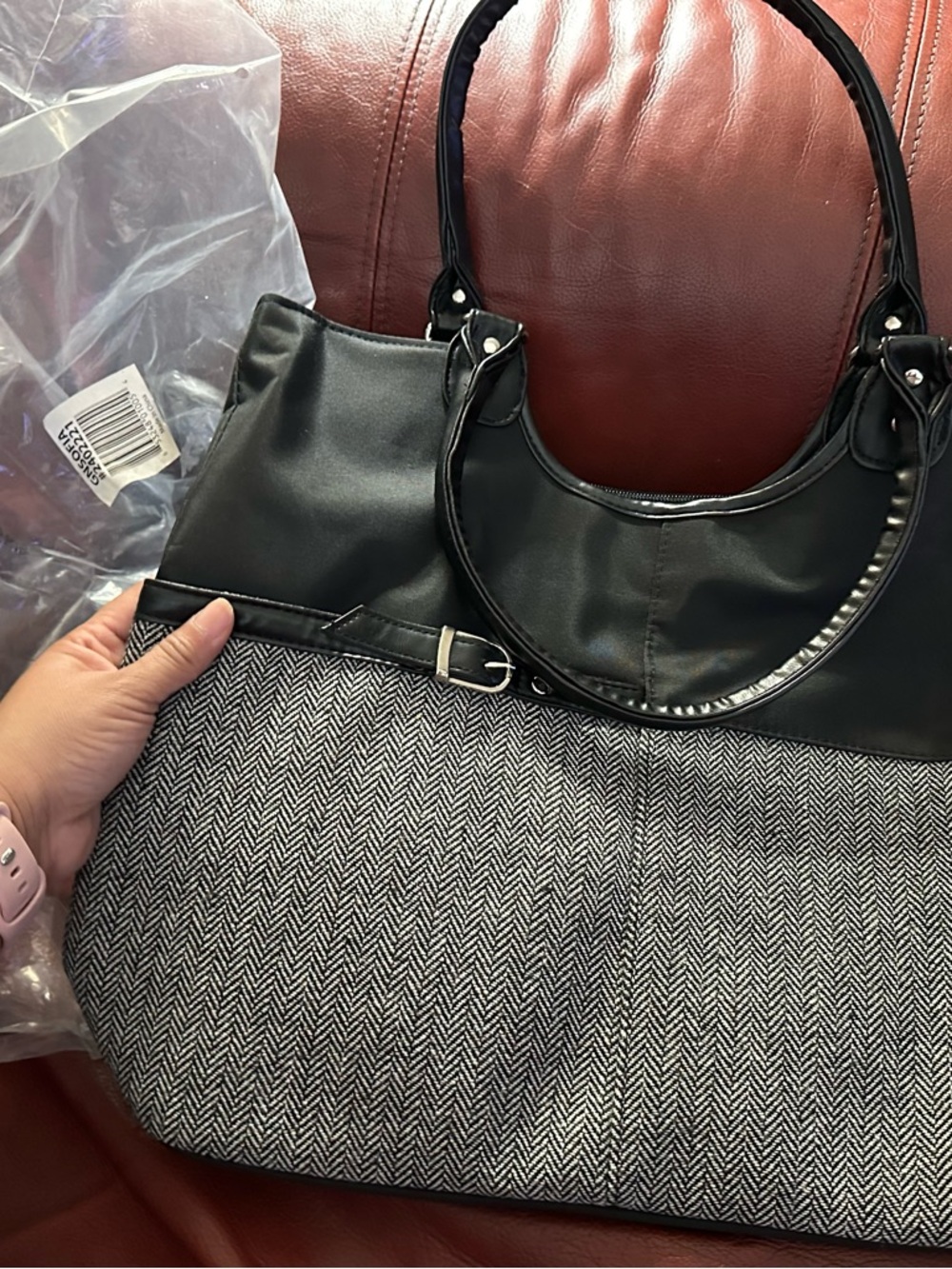 Black and Gray Herringbone Tote Bag - Women's Shoulder Bag